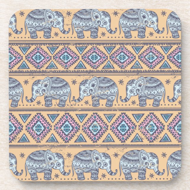 Blue Ethnic Elephant Tribal Pattern Coaster (Front)