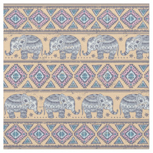Blue Ethnic Elephant Tribal Pattern Fabric