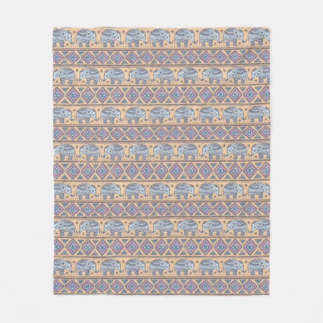 Blue Ethnic Elephant Tribal Pattern Fleece Blanket (Front)
