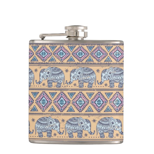 Blue Ethnic Elephant Tribal Pattern Hip Flask (Front)