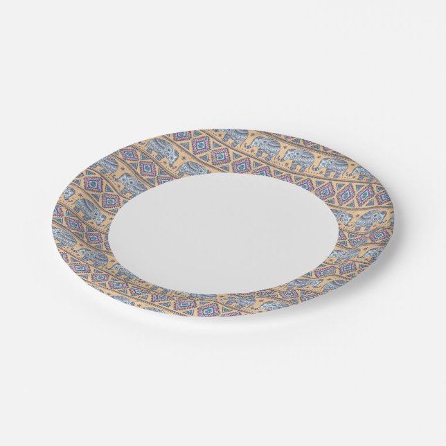 Blue Ethnic Elephant Tribal Pattern Paper Plate (Angled)