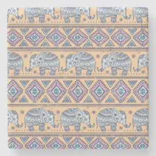 Blue Ethnic Elephant Tribal Pattern Stone Coaster