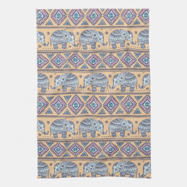 Blue Ethnic Elephant Tribal Pattern Tea Towel (Vertical)