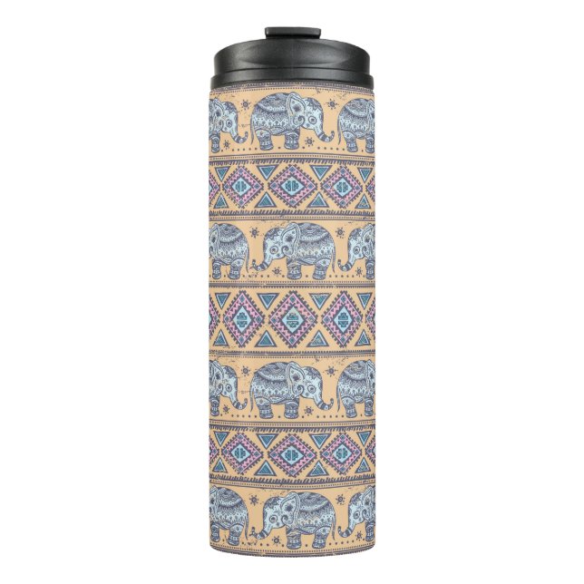 Blue Ethnic Elephant Tribal Pattern Thermal Tumbler (Front)