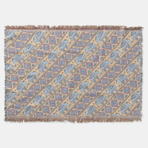 Blue Ethnic Elephant Tribal Pattern Throw Blanket