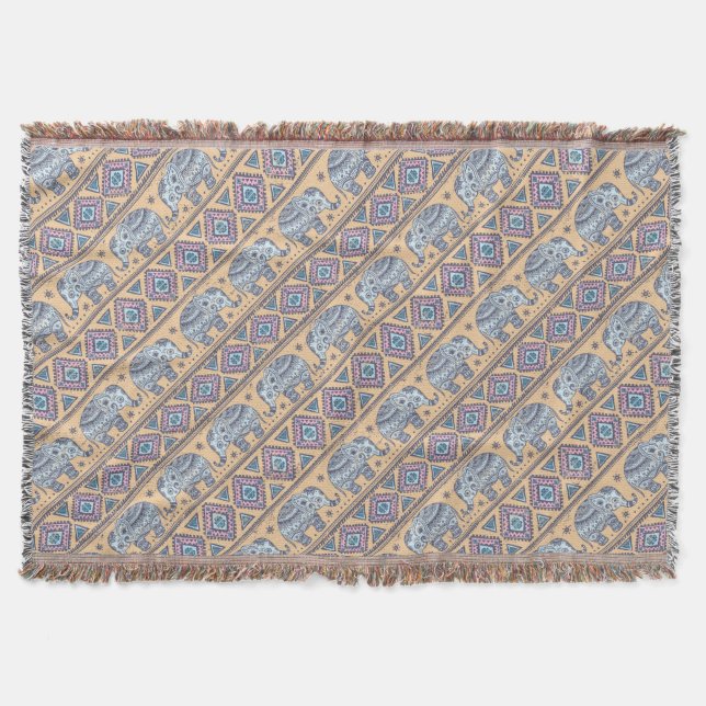 Blue Ethnic Elephant Tribal Pattern Throw Blanket (Front)