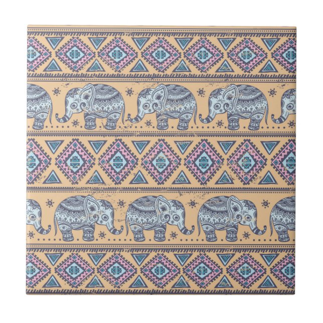 Blue Ethnic Elephant Tribal Pattern Tile (Front)
