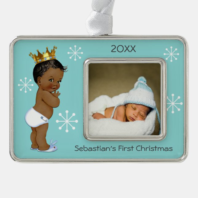 Blue Ethnic Prince Baby 1st Christmas Photo Silver Plated Framed Ornament (Front)