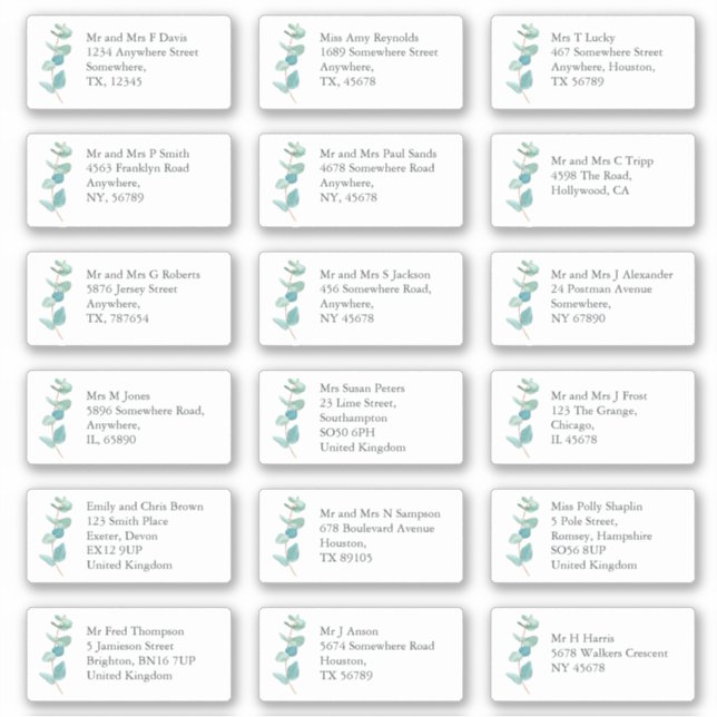 Blue EucaIyptus Individual Recipient Name Address (Front)