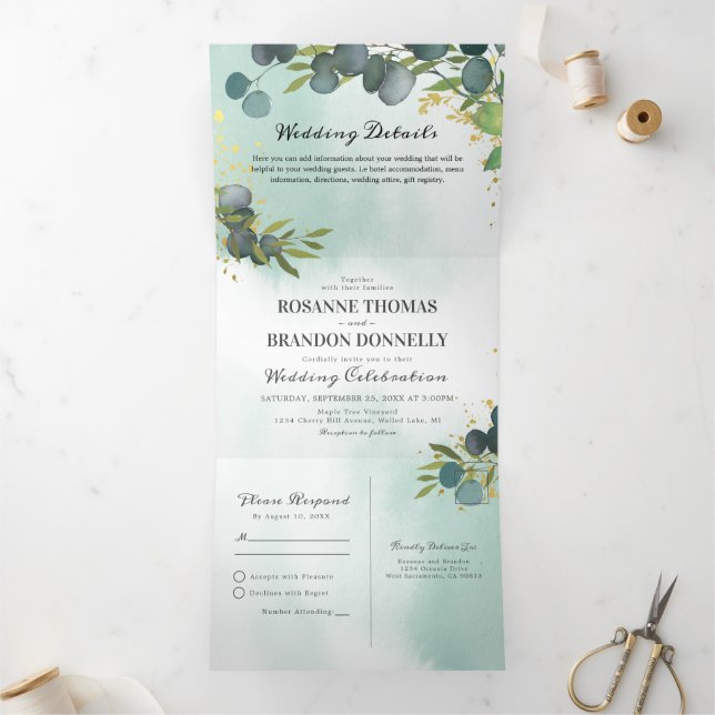 Blue Eucalyptus Greenery 3 in 1 Wedding Tri-Fold Invitation (Inside)