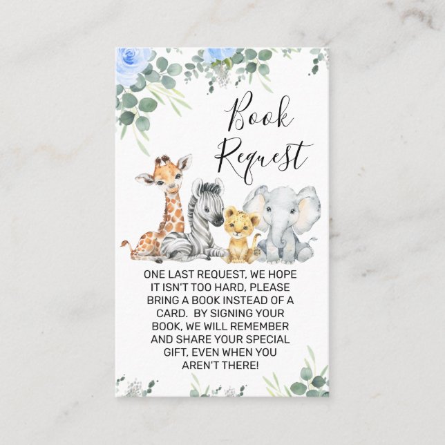 Blue Eucalyptus Safari Baby Shower Book Request Business Card (Front)