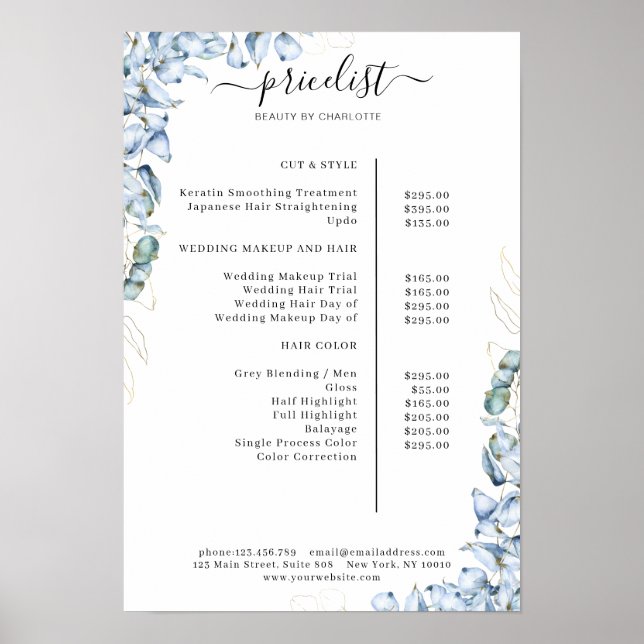 Blue Eucalyptus Salon Price List  Poster (Front)