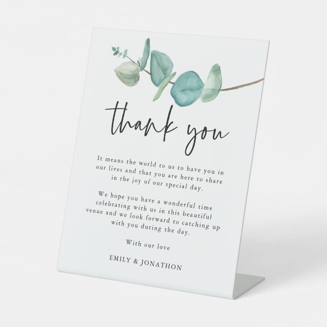 Blue Eucalyptus Thank You Letter to Wedding Guests Pedestal Sign (Front)