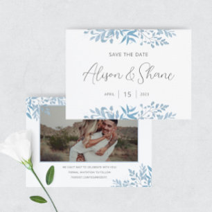 Blue Eucalyptus Wedding Bold Text & Photo Save The Date