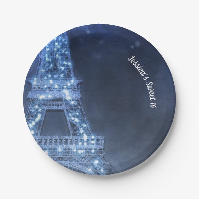 Blue Evening Enchanted Night in Paris Eiffel Tower Paper Plate (Front)