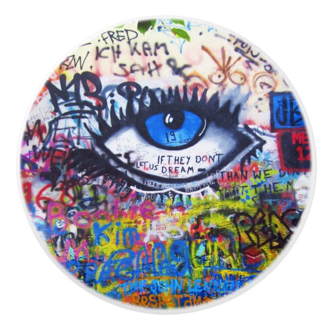 Blue evil eye modern graffiti ceramic knob (Front)