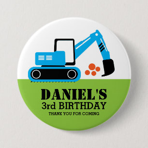 Blue Excavator Kids Construction Party Button