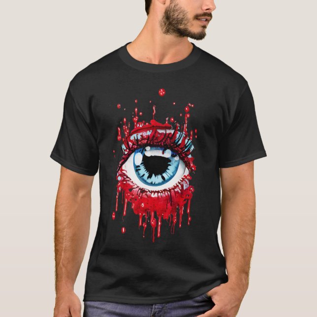 Blue Eye Dripping Blood horror art T-Shirt (Front)