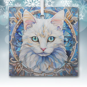 Blue Eye White Cat Stained Glass Tree Decoration