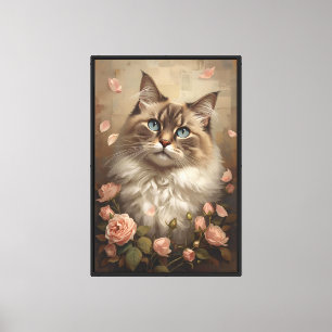 Blue-Eyed Cat with Roses – Elegant Floral Canvas Print
