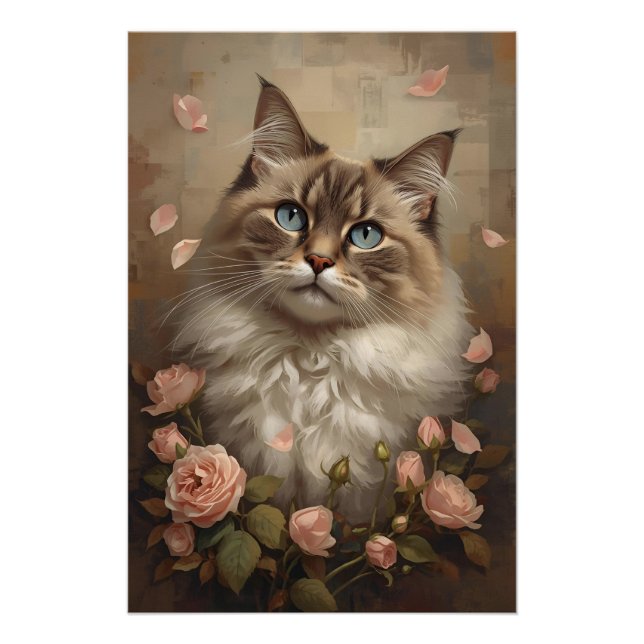 Blue-Eyed Cat with Roses – Elegant Floral Poster (Front)