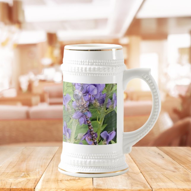 Blue-Eyed Darner Dragonfly on Purple Flowers Beer Stein (In Situ)