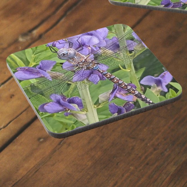 Blue-Eyed Darner Dragonfly on Purple Flowers Coaster (In Situ Angled)