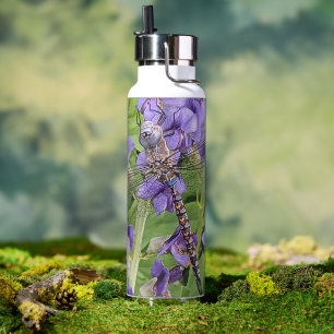 Blue-Eyed Darner Dragonfly on Purple Flowers Water Bottle