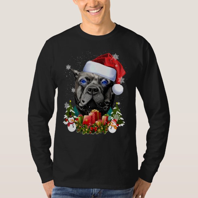Blue Eyed Dog Black Pitbull Christmas Santa Hat T-Shirt (Front)