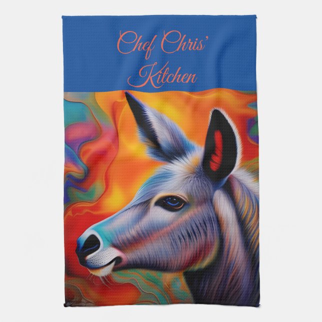 Blue eyed donkey *personalise* tea towel (Vertical)