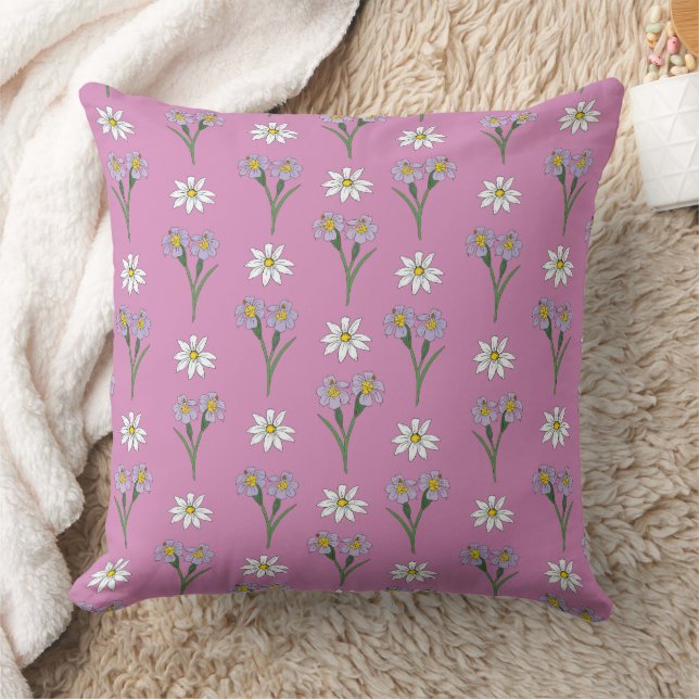 Blue Eyed Grass Flower and Daisy Pattern on Pink Cushion (Blanket)