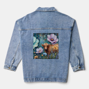 Blue Eyed Highland Cow Floral Colorful Cosmos  Denim Jacket