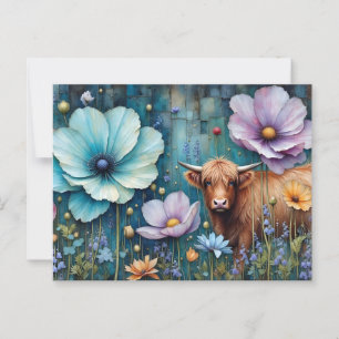 Blue Eyed Highland Heifer Floral Tapestry Postcard