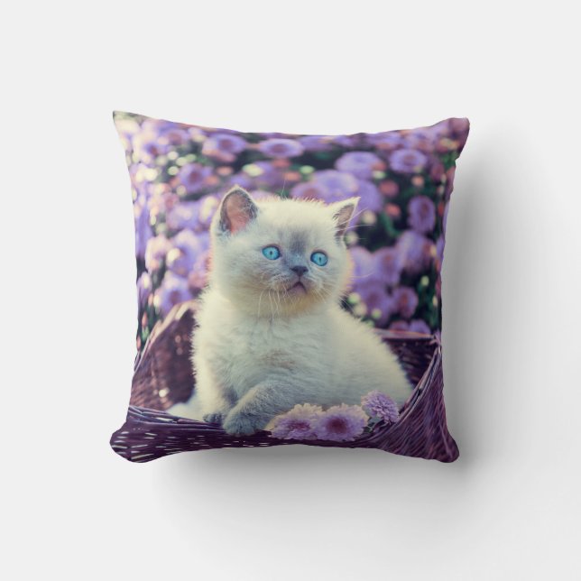 Blue Eyed Kitten Cat In Basket With Lilac Flowers Cushion (Front)