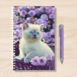 Blue Eyed Kitten Cat In Basket With Lilac Flowers Planner