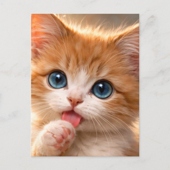 Blue-Eyed Paw licking Kitten Postcard (Front)