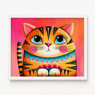 Blue Eyed Pink and Orange Tabby Cat Painting Poster