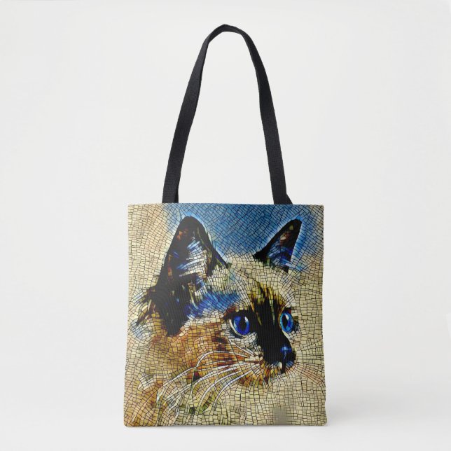 Blue Eyed Siamese Cat Mosaic Tiles Tote Bag (Front)