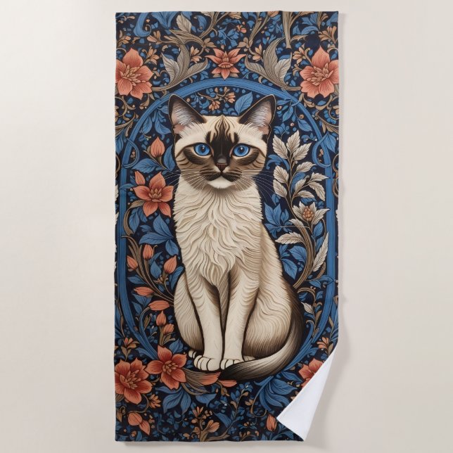 Blue Eyed Siamese Cat William Morris Inspired Beach Towel (Front)