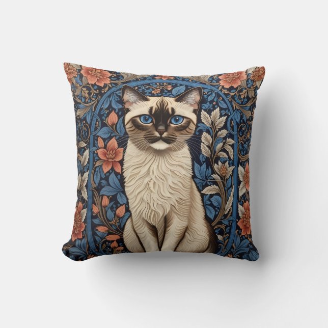 Blue Eyed Siamese Cat William Morris Inspired Cushion (Front)