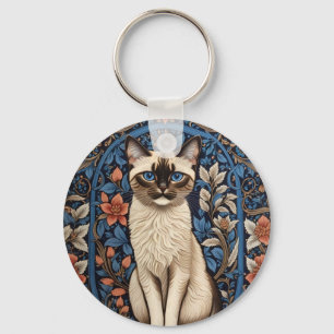 Blue Eyed Siamese Cat William Morris Inspired Key Ring