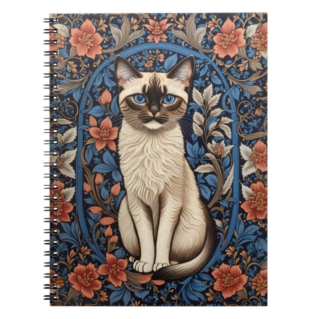 Blue Eyed Siamese Cat William Morris Inspired Notebook (Front)