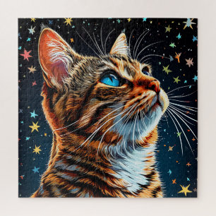 Blue-Eyed Tabby Cat Gazes at Starry Night Sky Jigsaw Puzzle