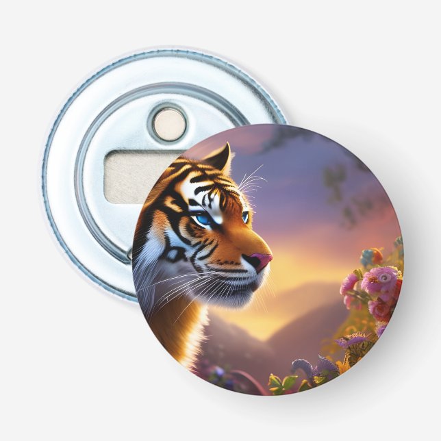 Blue Eyed Tiger and Pink Flowers Bottle Opener (Front)