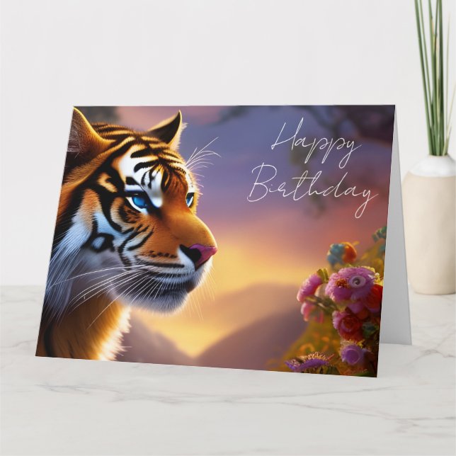 Blue Eyed Tiger and Pink Flowers  Card (Front)