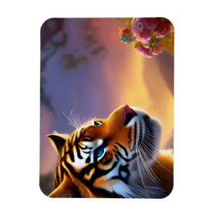 Blue Eyed Tiger and Pink Flowers Magnet