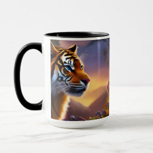 Blue Eyed Tiger and Pink Flowers Mug