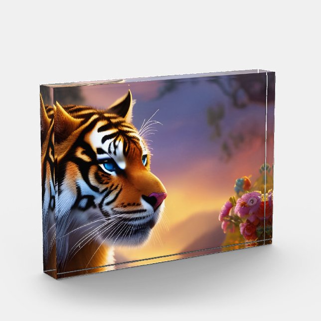 Blue Eyed Tiger and Pink Flowers Photo Block (Left)