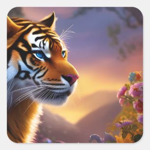 Blue Eyed Tiger and Pink Flowers  Square Sticker