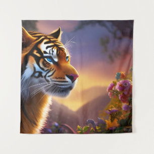 Blue Eyed Tiger and Pink Flowers Tapestry